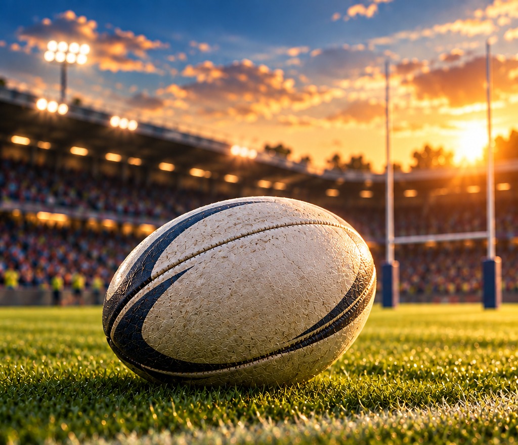 Balón ovalado de rugby sobre césped con postes al fondo